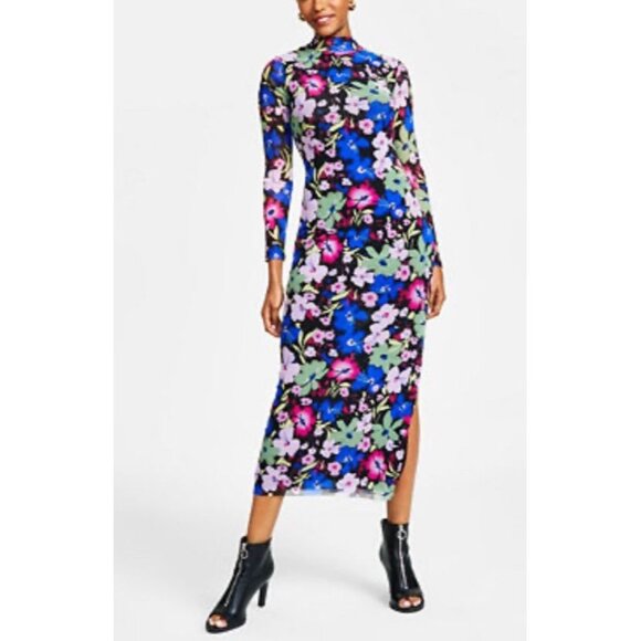 Bar lll Floral Printed Mesh Mock-Neck MIDI Dress W Slit Size M Whimsigoth Y2K - Picture 1 of 11